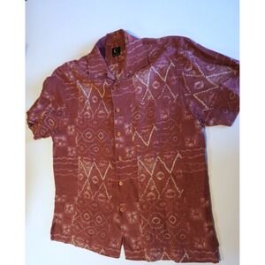 The Collection Mens Medium Red Batik Print 100% Linen Short Sleeve Button Shirt